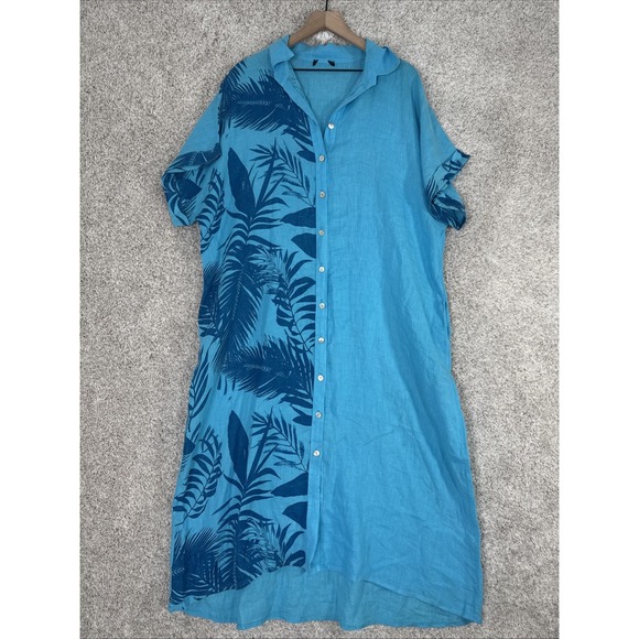 MADE IN ITALY Blue Linen Floral Oversized Dress With Pockets Sz OS - Picture 1 of 11